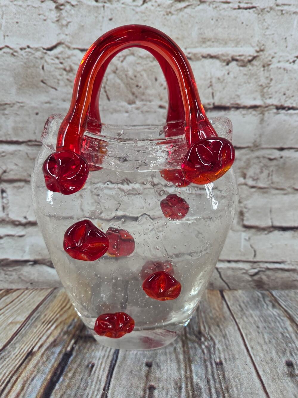 Hand Blown Art Glass Art Glass Clear Purse Red Handles and Beads Bullicante Vase